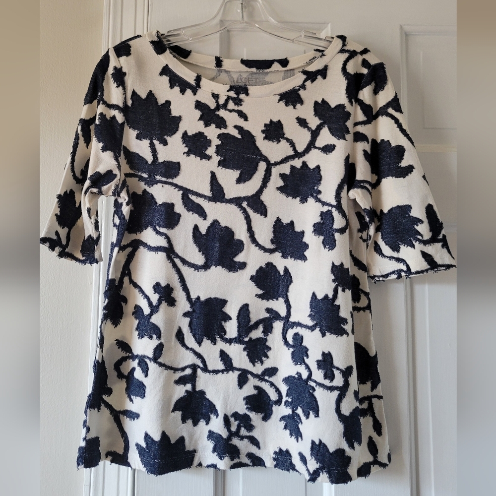 LOFT White Top with Navy Floral Appliqué